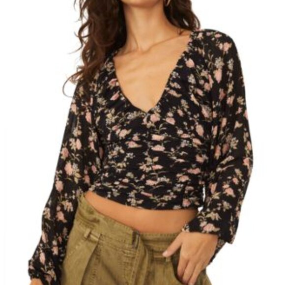 Free People Tops - Womens Free People Black Floral Ruched Crop Top Size Medium